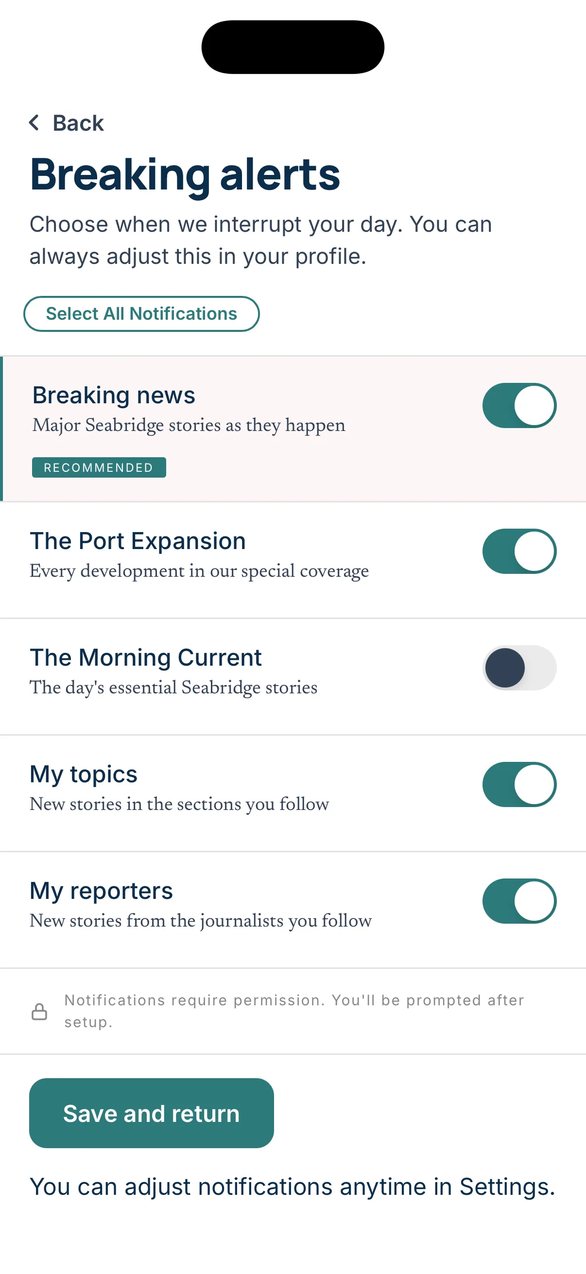 Breaking alerts settings: breaking news, Special Coverage, newsletter, followed topics and followed reporters