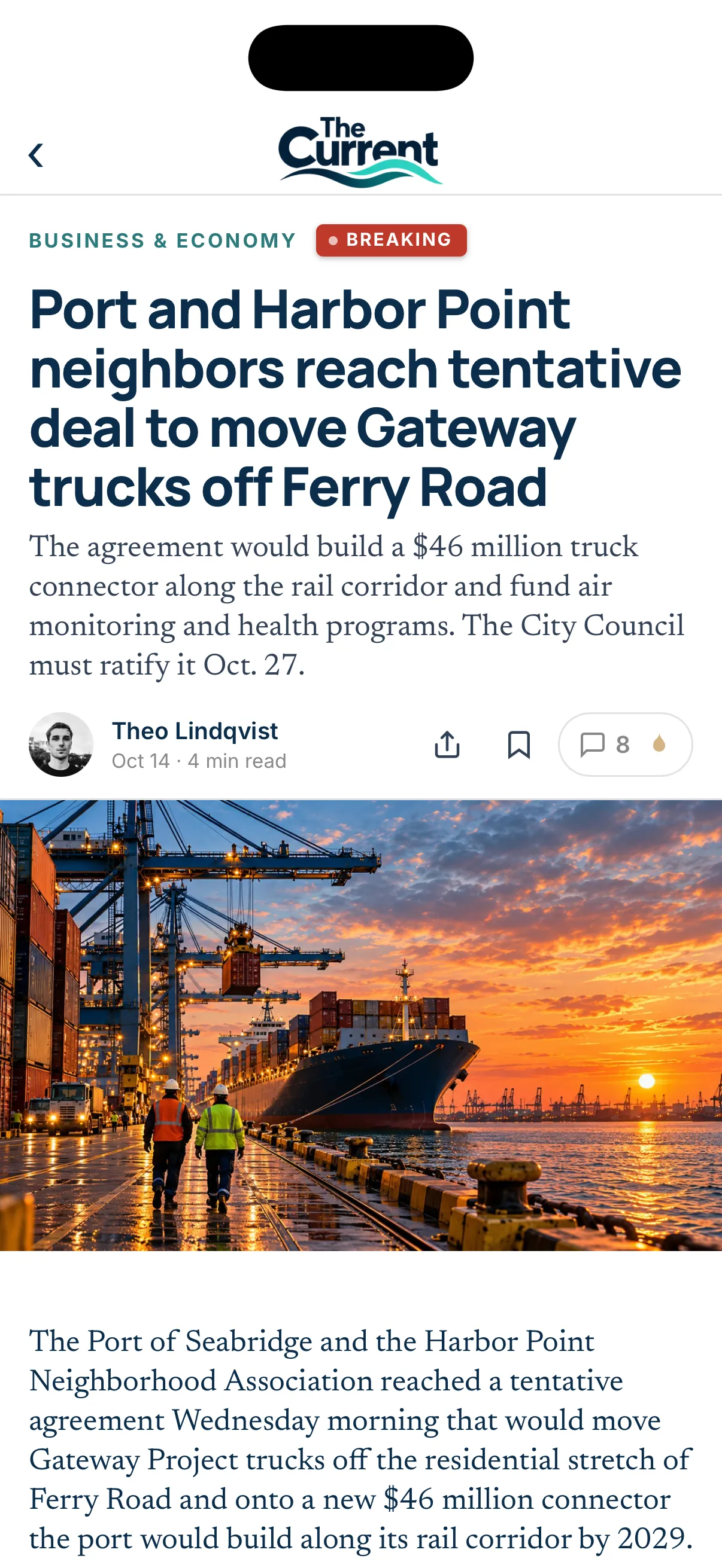 Breaking news article with headline, summary, byline, share, save and discussion count