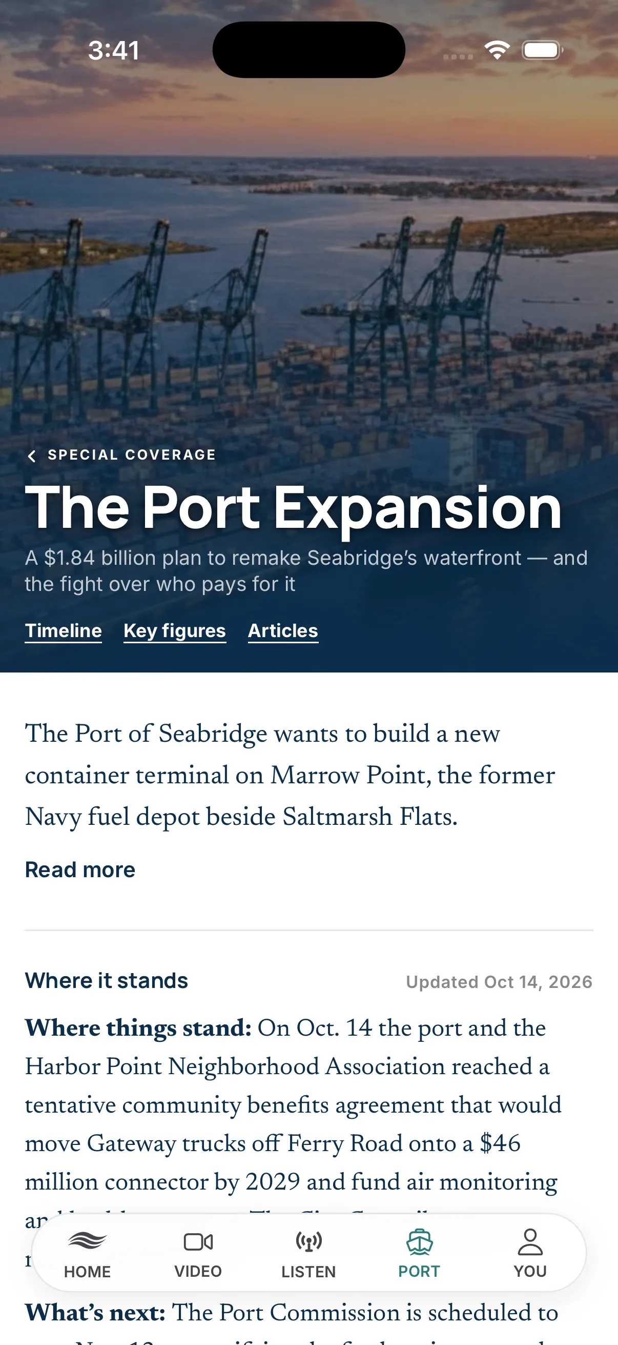Special Coverage tab for The Port Expansion with a summary and where the story stands