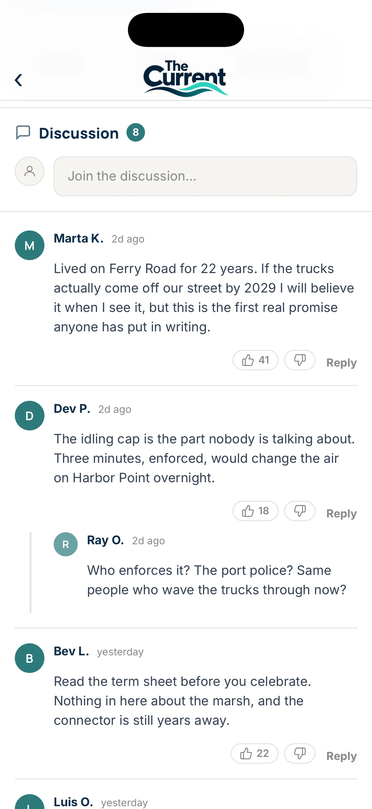 Discussion thread under an article with replies, votes and a field to join the conversation
