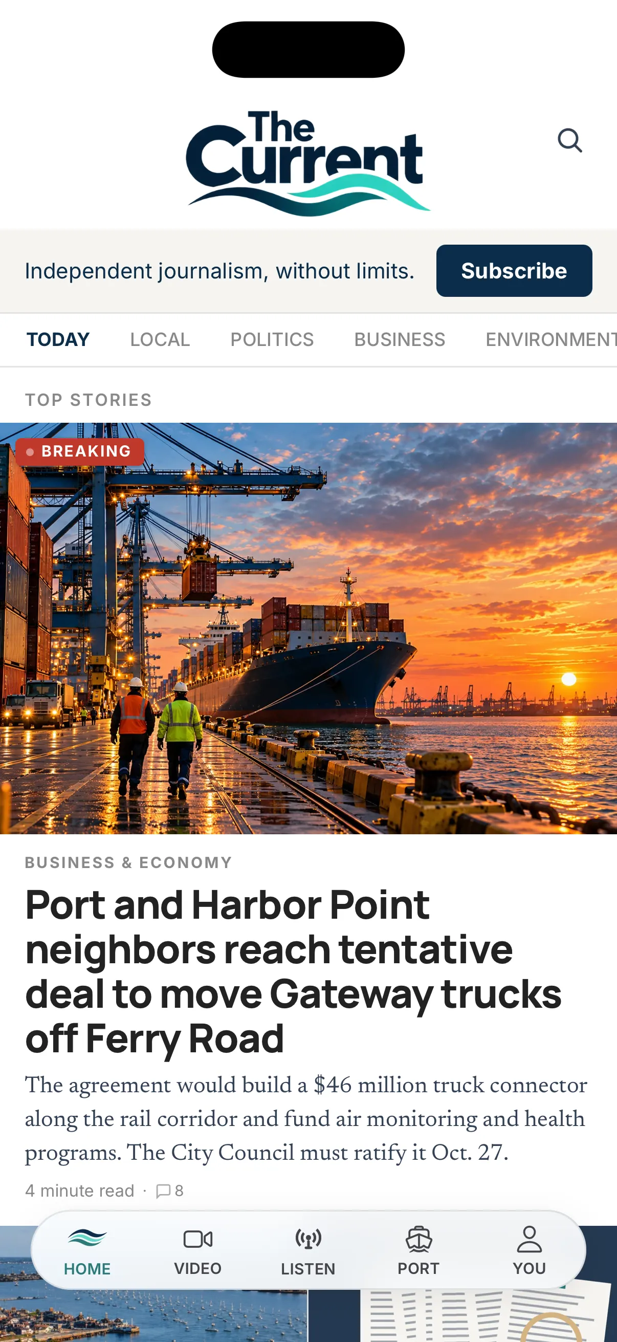 Home screen of The Current with its masthead, a subscribe prompt, section tabs and a breaking top story