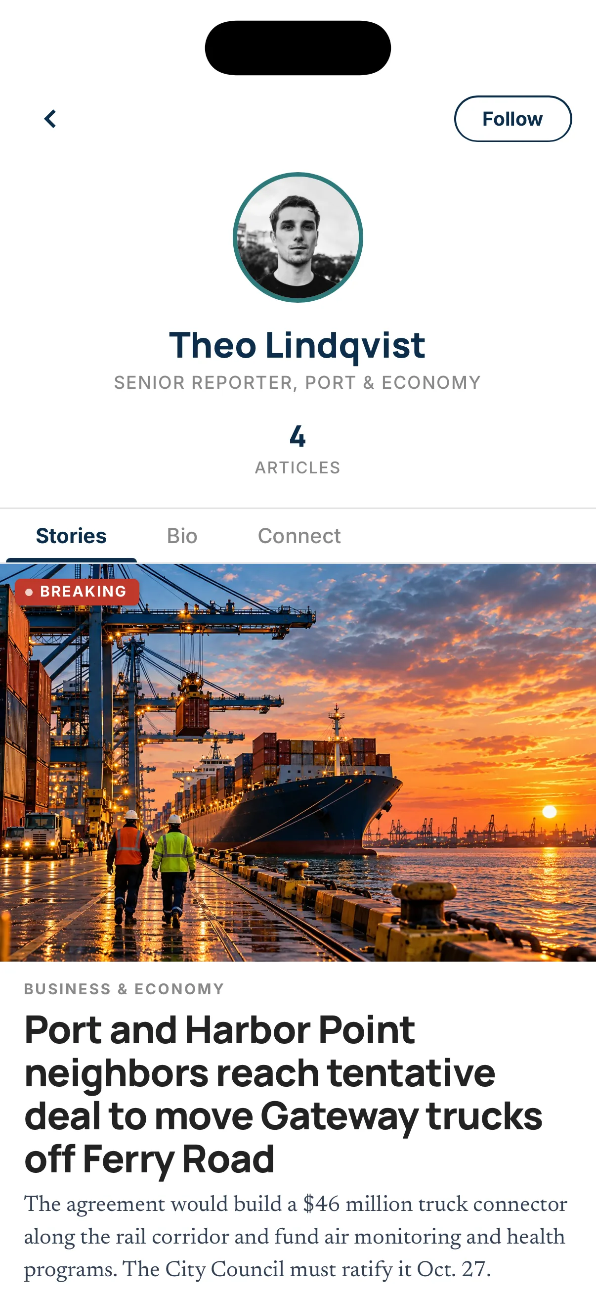 Reporter profile for Theo Lindqvist with a Follow button and his latest stories