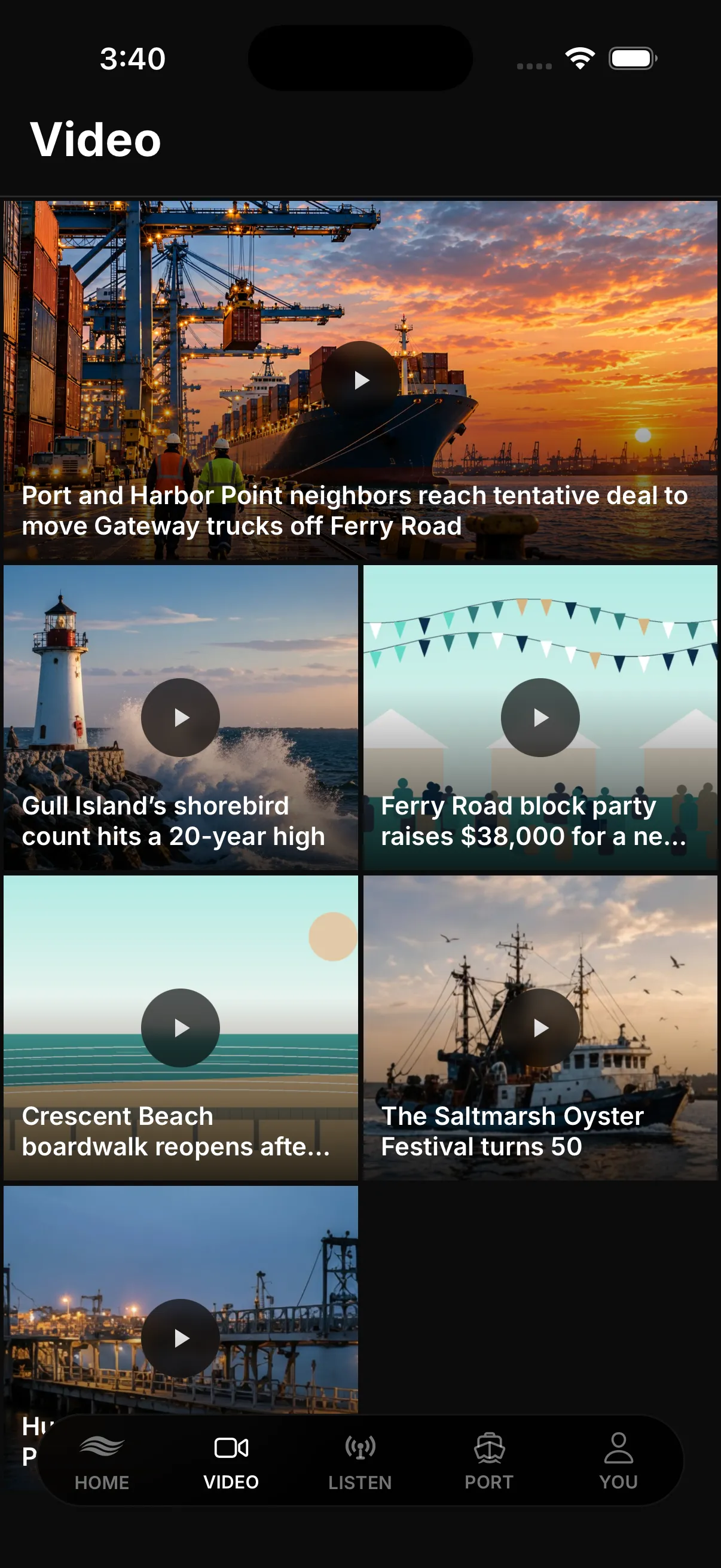 Video tab with a grid of video stories