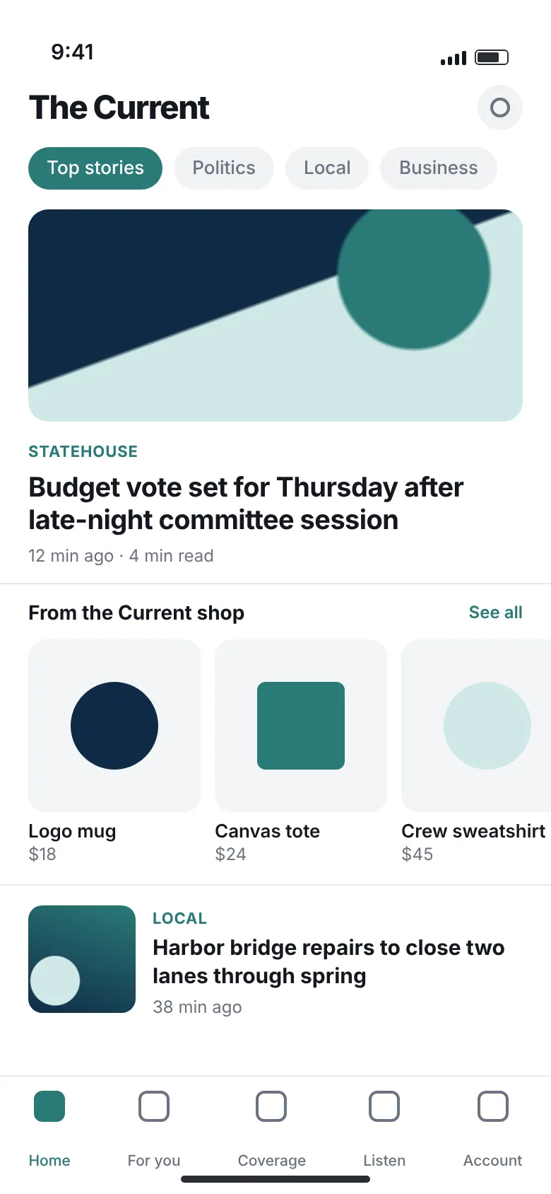 Illustrated home feed with a merchandise carousel from the publication’s shop