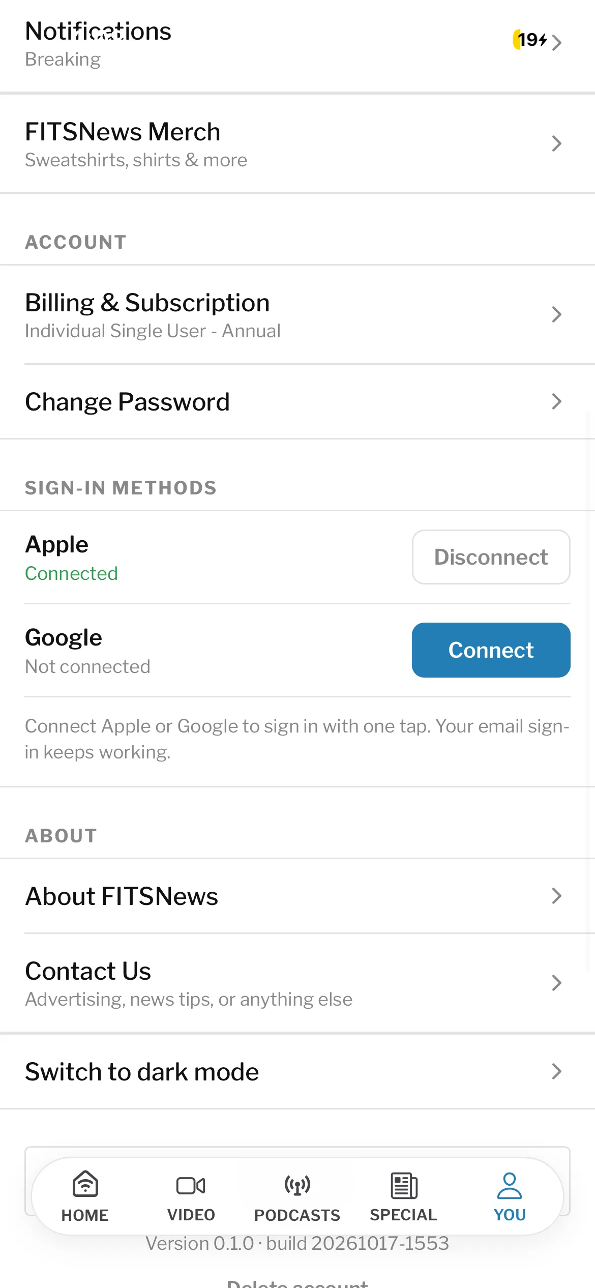 FITSNews account settings: billing and subscription, and sign-in methods with Apple connected and Google ready to connect