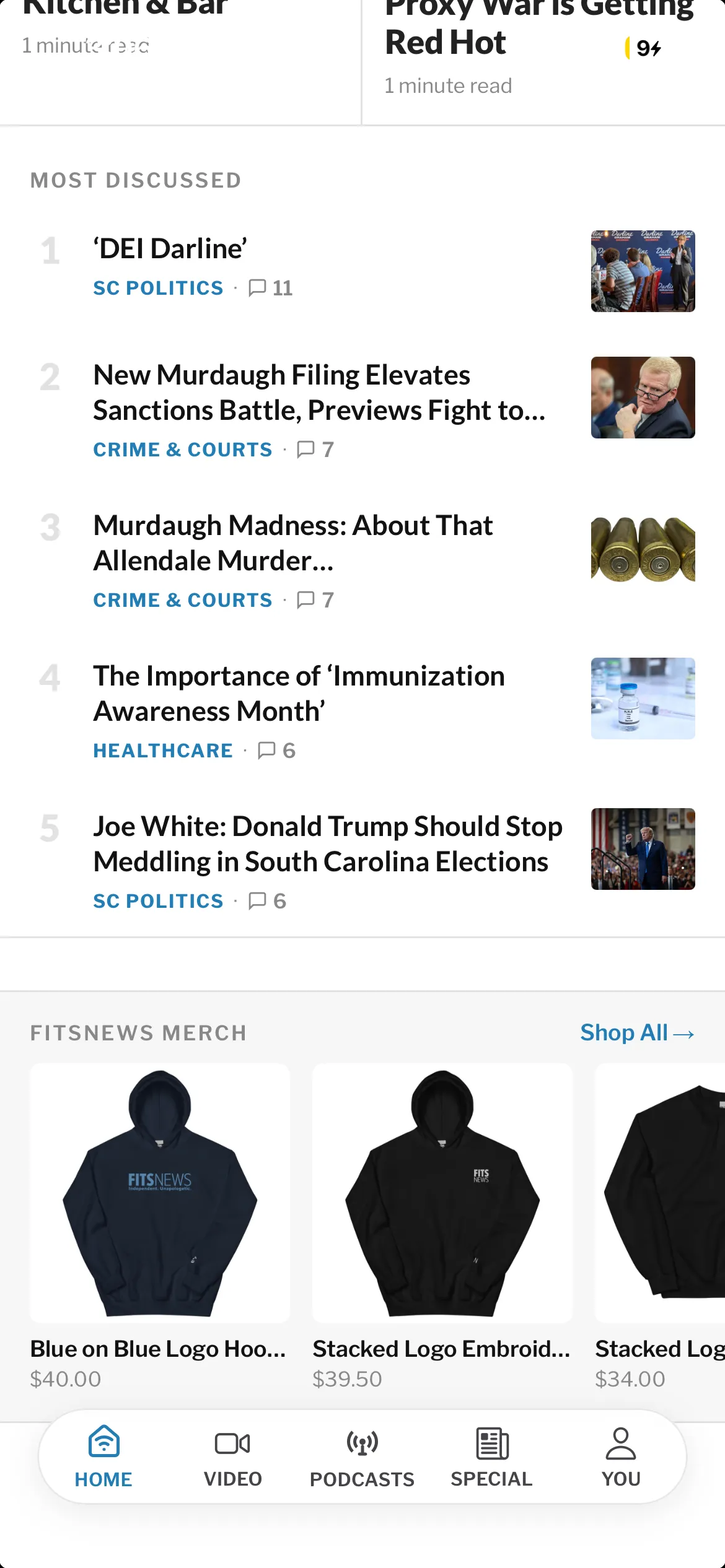 FITSNews app Most Discussed list with comment counts, followed by a FITSNews merchandise carousel