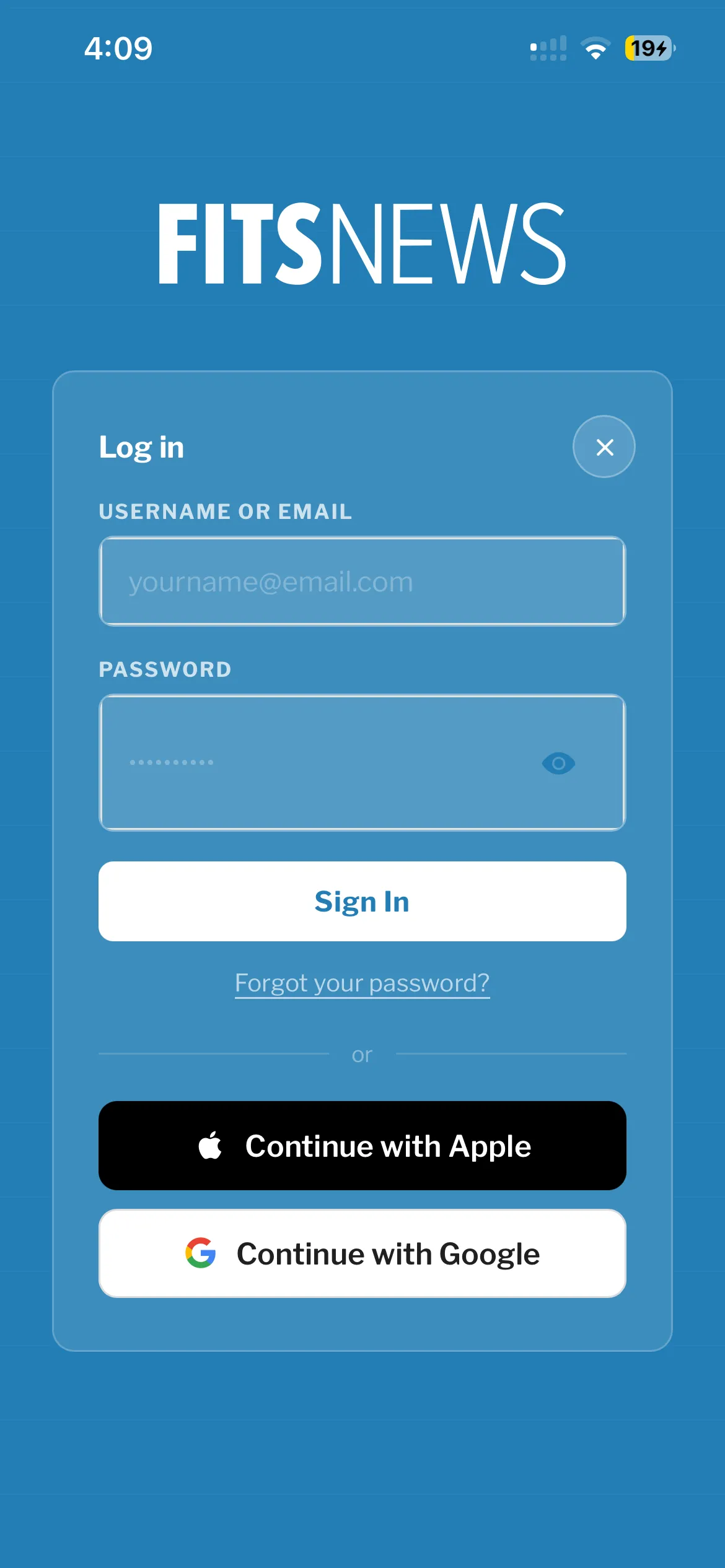FITSNews log-in screen with username and password, plus Continue with Apple and Continue with Google