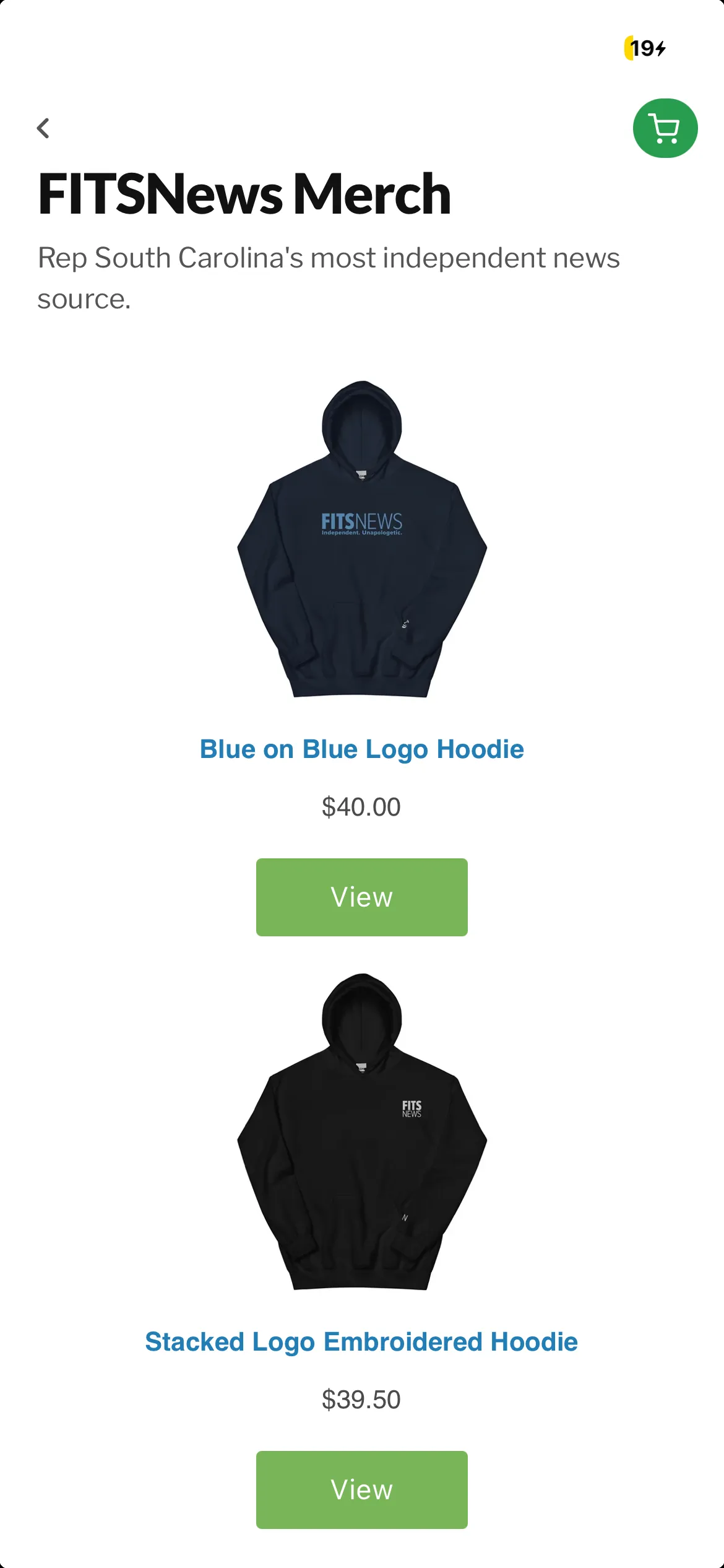 FITSNews Merch shop in the app, with hoodies, prices and a cart