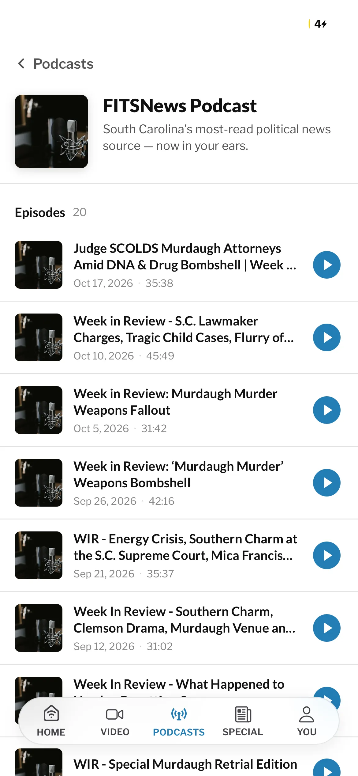 FITSNews Podcast episode list in the app, with play buttons for each episode