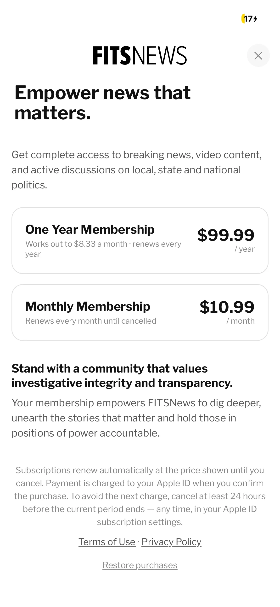 FITSNews membership offer in the app: Empower news that matters, one-year membership at $99.99 (about $8.33 a month) or monthly at $10.99, with renewal terms and Restore purchases