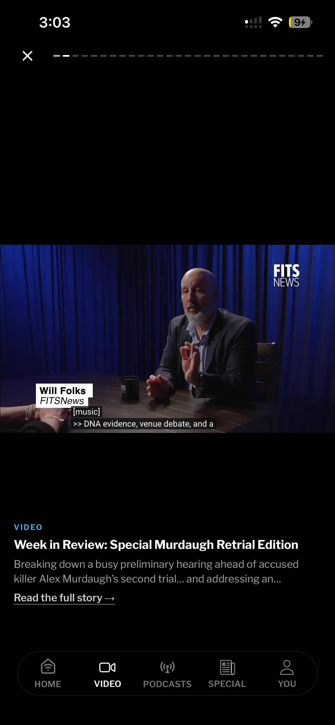 FITSNews vertical video viewer playing Week in Review, with a link to the full story